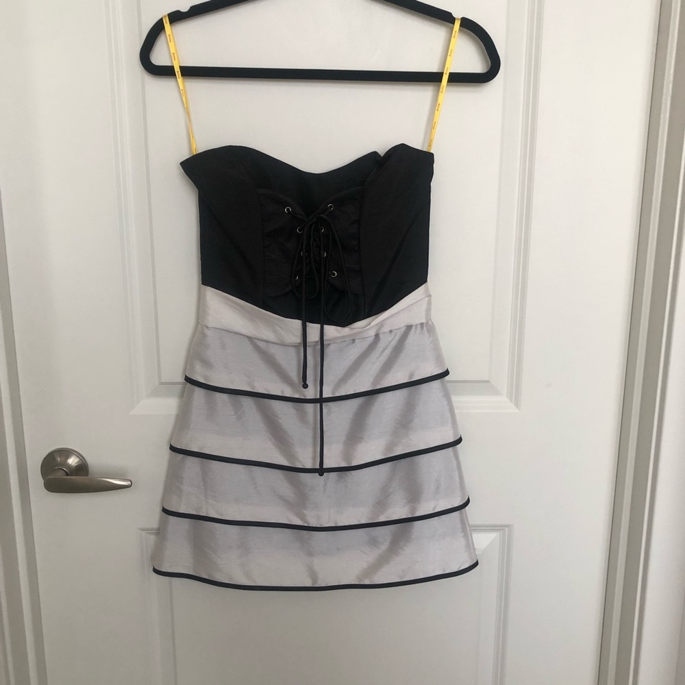 Black and white strapless cocktail mini dress